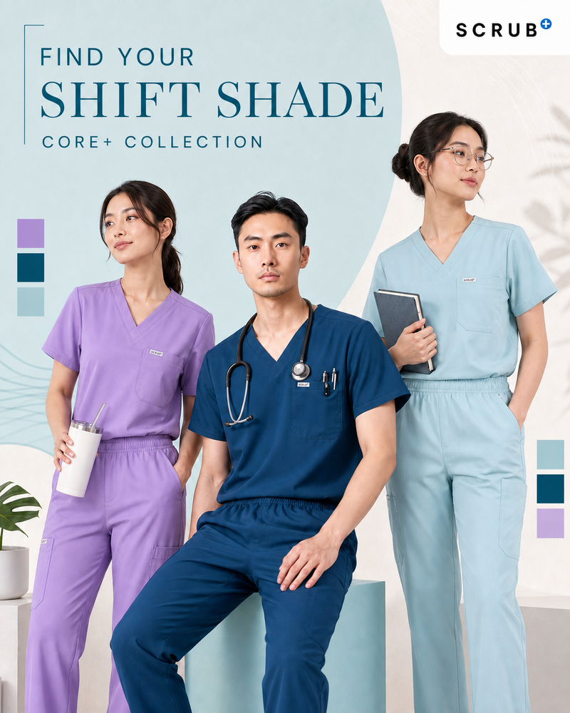 Three healthcare professionals in CORE+ scrub sets - lilac, deep teal and ocean mist