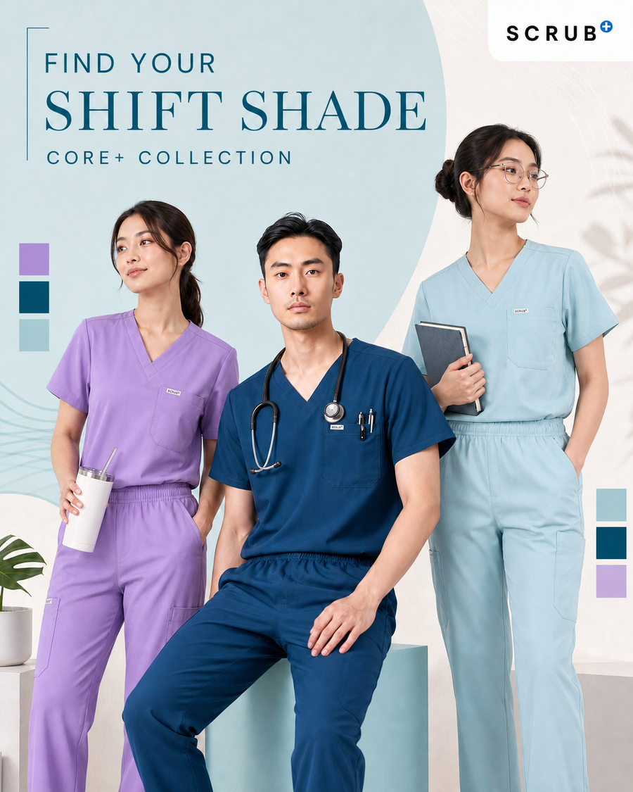 Three healthcare professionals in CORE+ scrub sets - lilac, deep teal and ocean mist